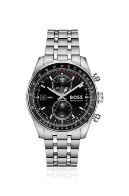 Skytraveller Pro black-dial watch with sapphire crystal, Silver tone