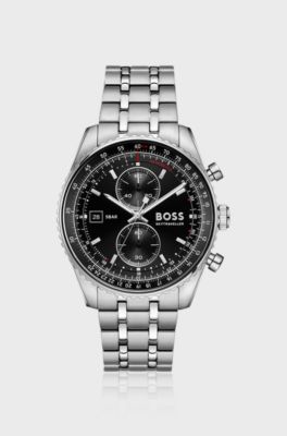 Skytraveller Pro black-dial watch with sapphire crystal, Silver tone