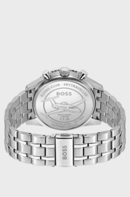 Skytraveller Pro black-dial watch with sapphire crystal, Silver tone