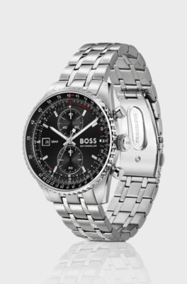 Skytraveller Pro black-dial watch with sapphire crystal, Silver tone