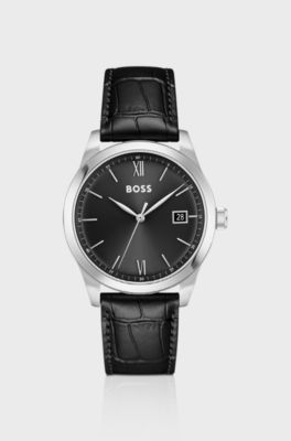 Langford black-dial watch with croc-embossed leather strap, Black