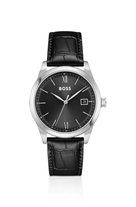Langford black-dial watch with croc-embossed leather strap