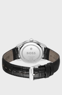 Langford black-dial watch with croc-embossed leather strap, Black
