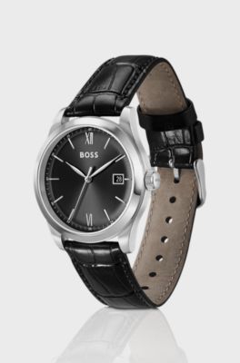 Langford black-dial watch with croc-embossed leather strap, Black
