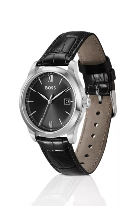 Langford black-dial watch with croc-embossed leather strap