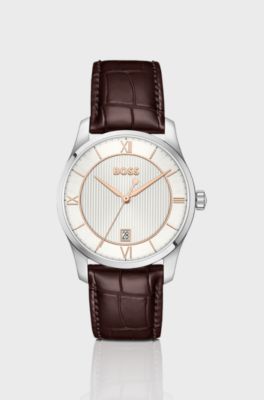 Principle Prestige watch with silver-white textured dial, Dark Brown