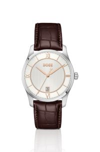 Principle Prestige watch with silver-white textured dial, Dark Brown