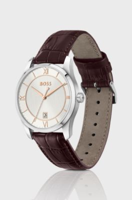 Principle Prestige watch with silver-white textured dial, Dark Brown