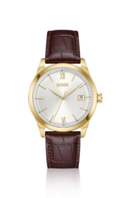 Langford silver-white-dial watch with embossed leather strap, Dark Brown
