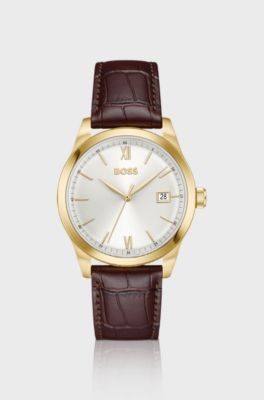 Langford silver-white-dial watch with embossed leather strap, Dark Brown