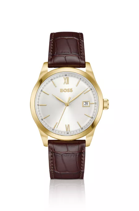 Langford Montre à cadran blanc argenté et bracelet en cuir embossé