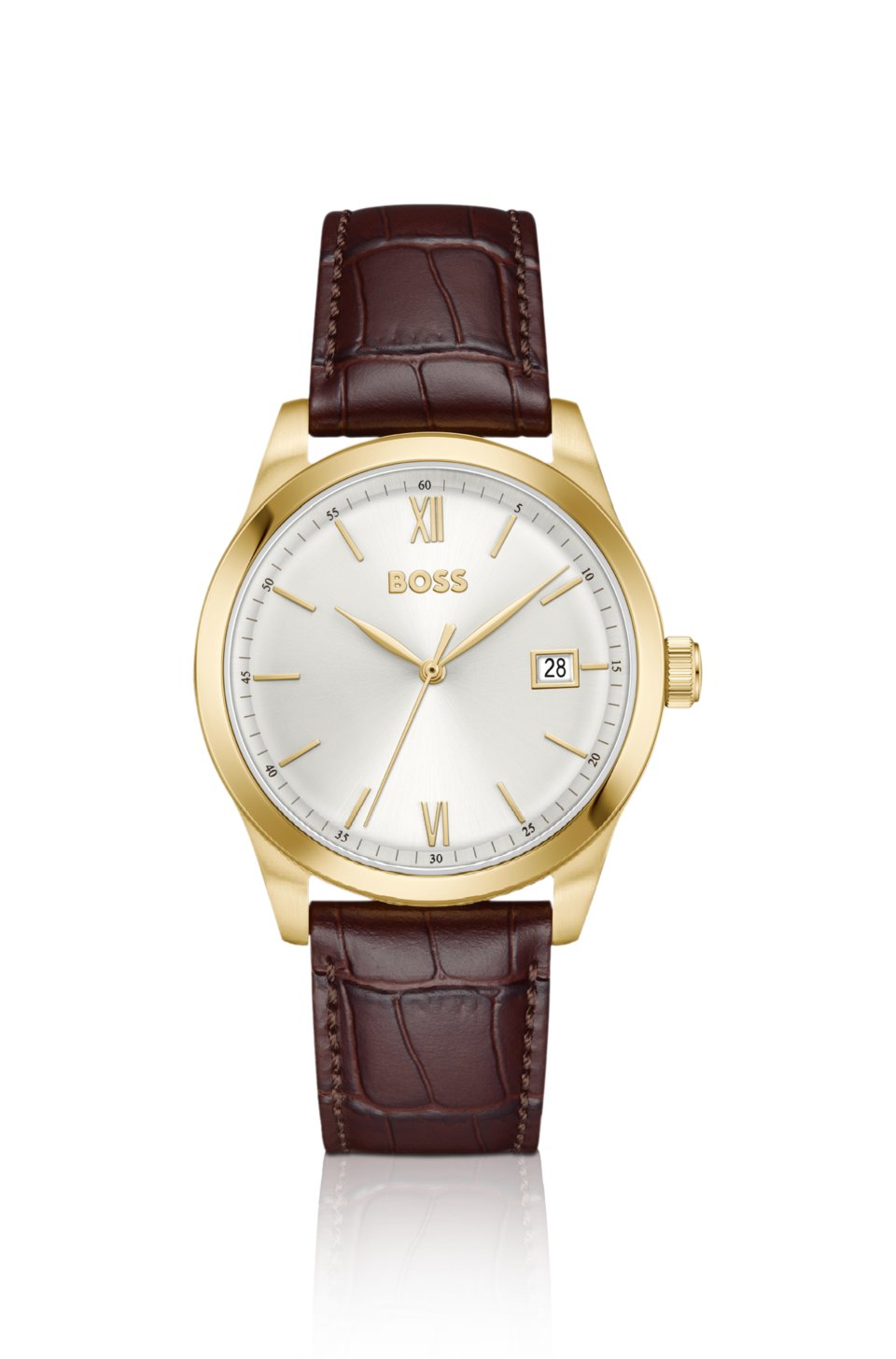 Langford silver-white-dial watch with embossed leather strap