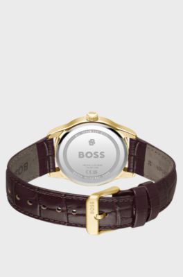 Langford silver-white-dial watch with embossed leather strap, Dark Brown