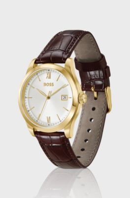 Langford silver-white-dial watch with embossed leather strap, Dark Brown