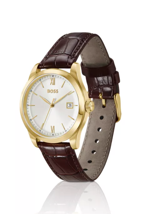 Langford Montre à cadran blanc argenté et bracelet en cuir embossé