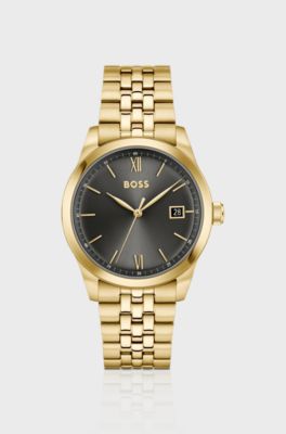 Langford horloge met zwarte wijzerplaat en vijf-rijige schakelband, Goudkleurig