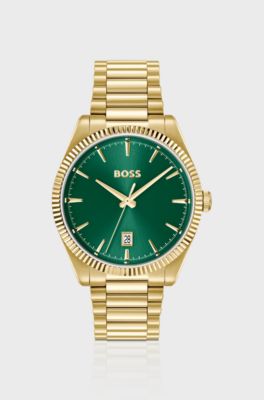 Cheswick-horloge met groene wijzerplaat en gegroefde lunette, Goudkleurig
