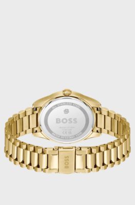 Cheswick-horloge met groene wijzerplaat en gegroefde lunette, Goudkleurig