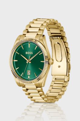 Cheswick-horloge met groene wijzerplaat en gegroefde lunette, Goudkleurig