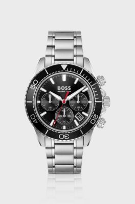 Sealiner black-dial watch with rotating tachymeter bezel, Silver tone