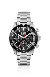 Sealiner black-dial watch with rotating tachymeter bezel, Silver tone