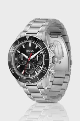 Sealiner black-dial watch with rotating tachymeter bezel, Silver tone