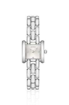 Violet square stainless-steel watch with sculptural bracelet , Silver tone