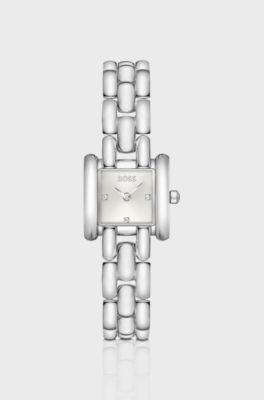 Violet square stainless-steel watch with sculptural bracelet , Silver tone