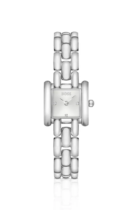 Violet square stainless-steel watch with sculptural bracelet