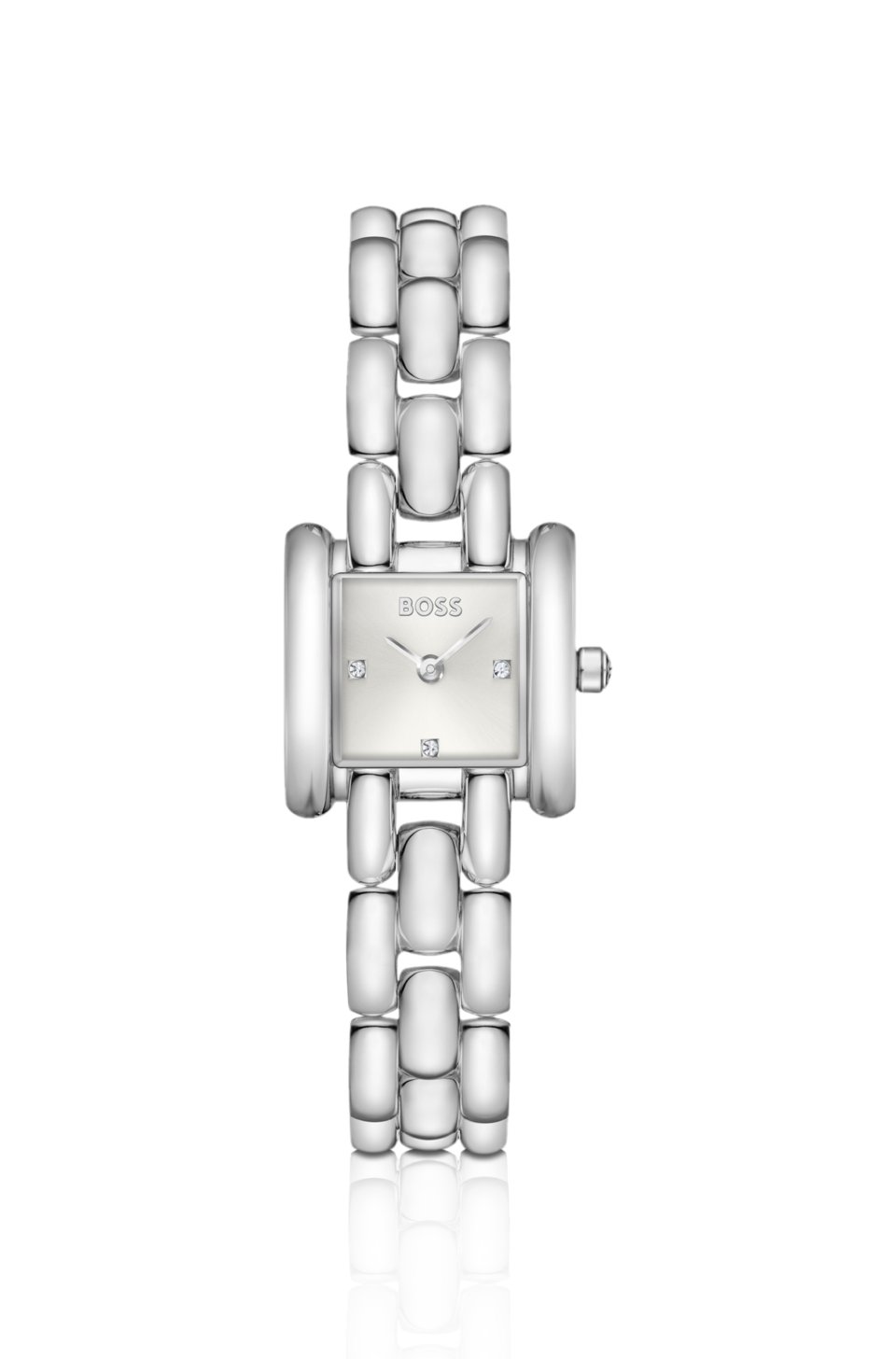 Violet square stainless-steel watch with sculptural bracelet