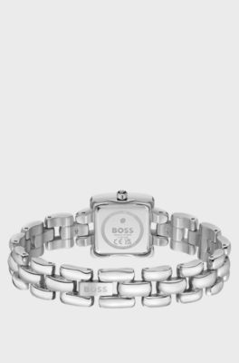 Violet square stainless-steel watch with sculptural bracelet , Silver tone