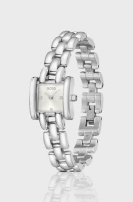 Violet square stainless-steel watch with sculptural bracelet , Silver tone