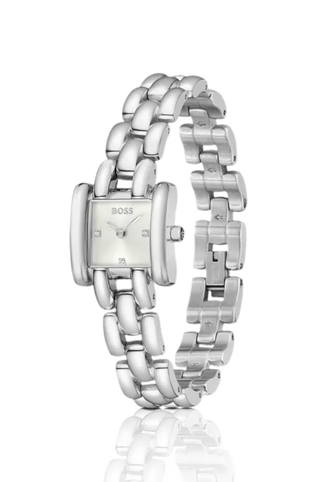 Violet square stainless-steel watch with sculptural bracelet