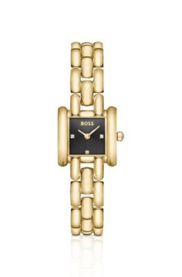 Violet square black-dial watch with sculptural bracelet, Gold tone