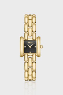 Violet square black-dial watch with sculptural bracelet, Gold tone