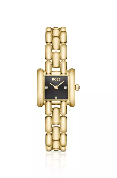 Violet square black-dial watch with sculptural bracelet