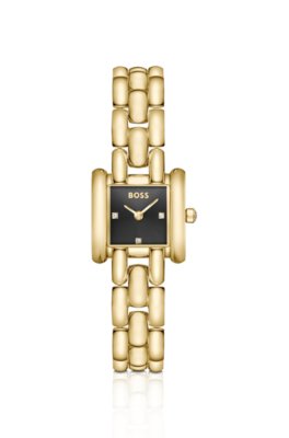 Violet square black-dial watch with sculptural bracelet