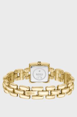 Violet square black-dial watch with sculptural bracelet, Gold tone