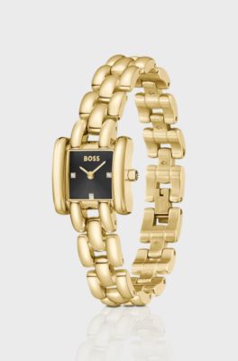 Violet square black-dial watch with sculptural bracelet, Gold tone