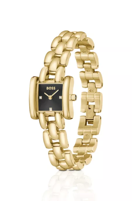 Violet square black-dial watch with sculptural bracelet
