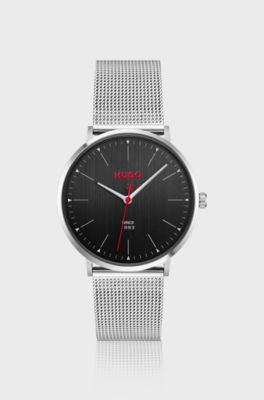 #Style 3H black-dial watch with mesh bracelet, Silver tone