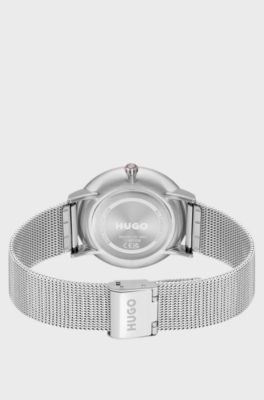 #Style 3H black-dial watch with mesh bracelet, Silver tone
