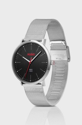 #Style 3H black-dial watch with mesh bracelet, Silver tone