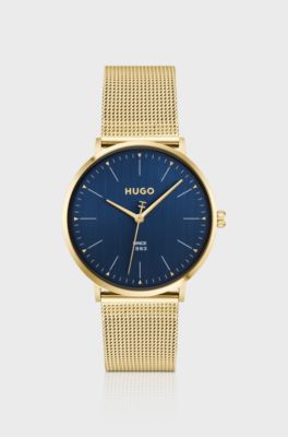 #Style 3H blue-dial watch with mesh bracelet, Gold tone