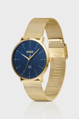 #Style 3H blue-dial watch with mesh bracelet, Gold tone