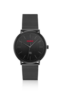Minimalist three-hand watch with mesh bracelet, Black