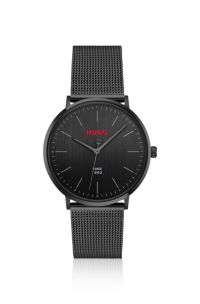 Minimalist three-hand watch with mesh bracelet, Nero