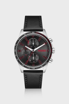 #Drift black-dial watch with black leather strap, Black