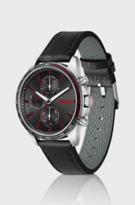 #Drift black-dial watch with black leather strap, Black