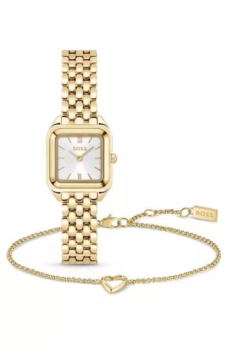 Gold-tone stainless steel watch and bracelet set